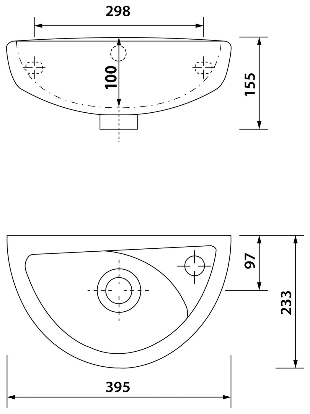 Aqualine SMALL Oval mosdó 39x23 (TP040) – műszaki rajz
