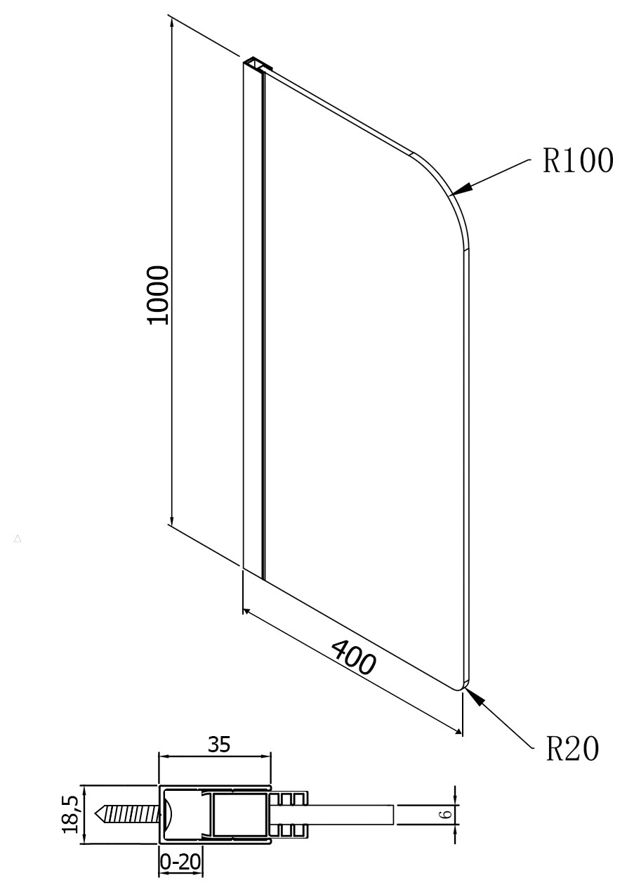 Piszoár térelválasztó, 40x100cm, matt üveg (PW140) – műszaki rajz