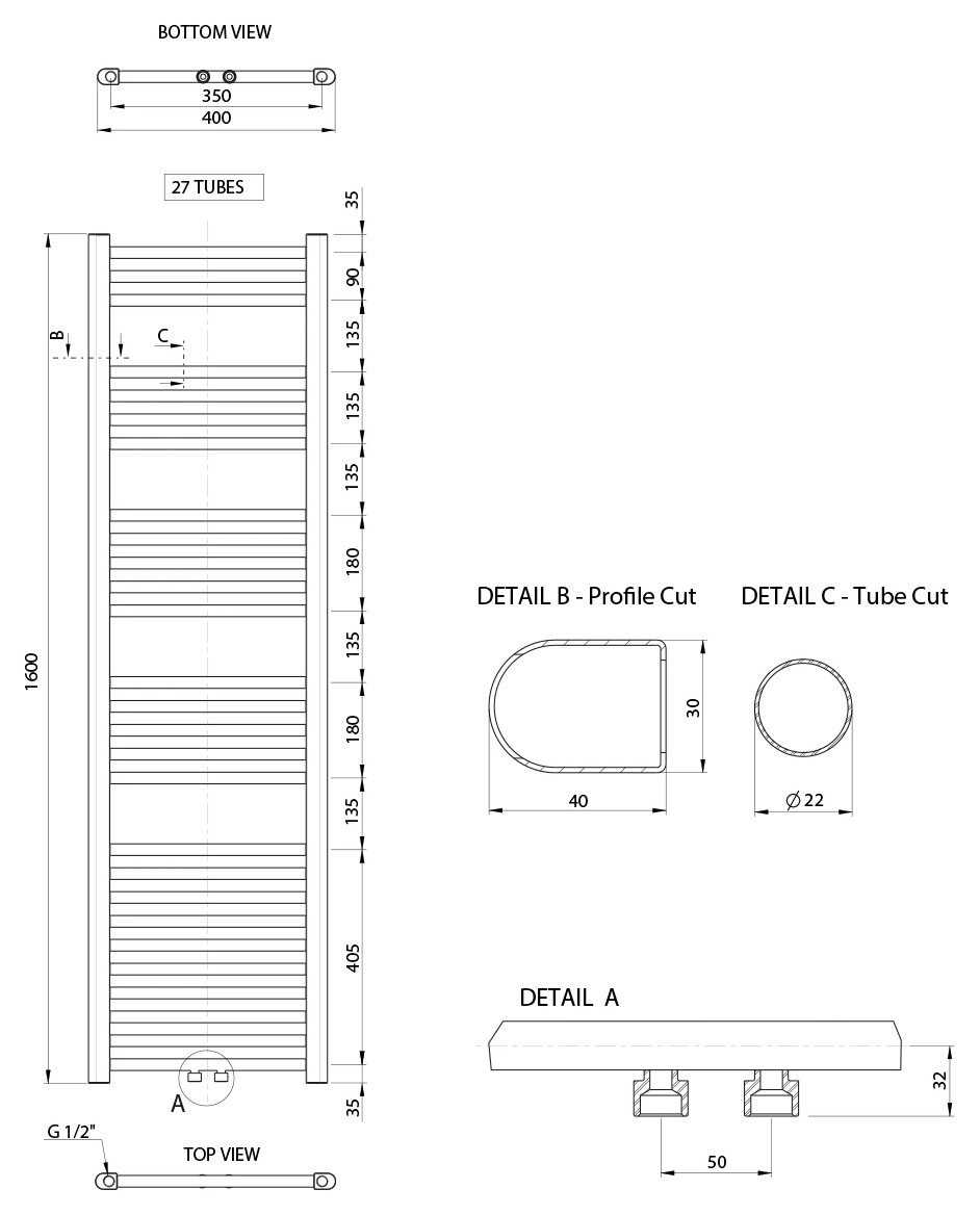Aqualine ALYA fürdőszobai radiátor, középső bekötéssel, 400x1600 mm, 388 W, króm (LLS309) – műszaki rajz