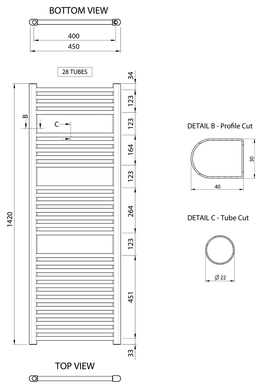Aqualine ALYA fürdőszobai radiátor, 450x1420 mm, 415 W, króm (LLR107) – műszaki rajz