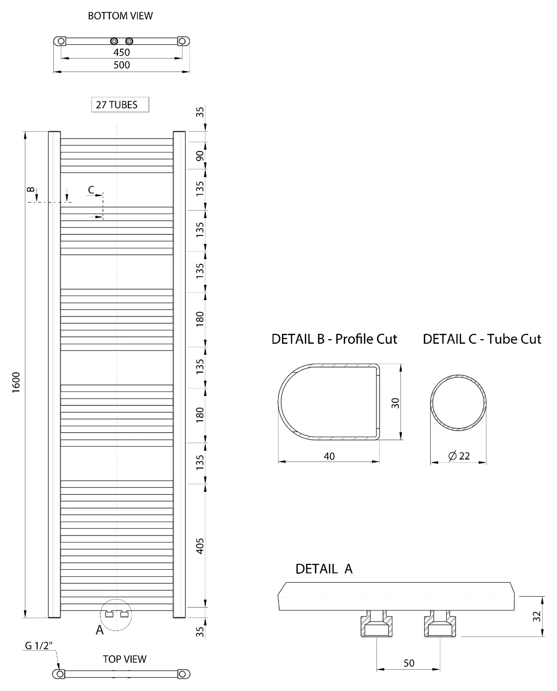 Aqualine ALYA fürdőszobai radiátor, középső bekötéssel, 500x1600 mm, 467 W, króm (LLS304) – műszaki rajz