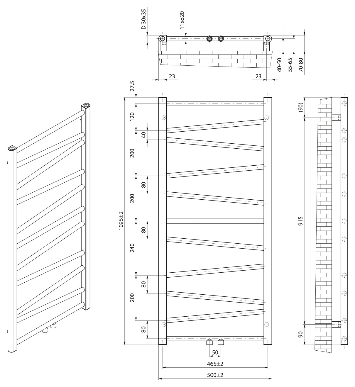 Aqualine ANNALISA fürdőszobai radiátor, 500x1095 mm, 302 W, középső bekötéssel, matt fekete (AN216) – műszaki rajz