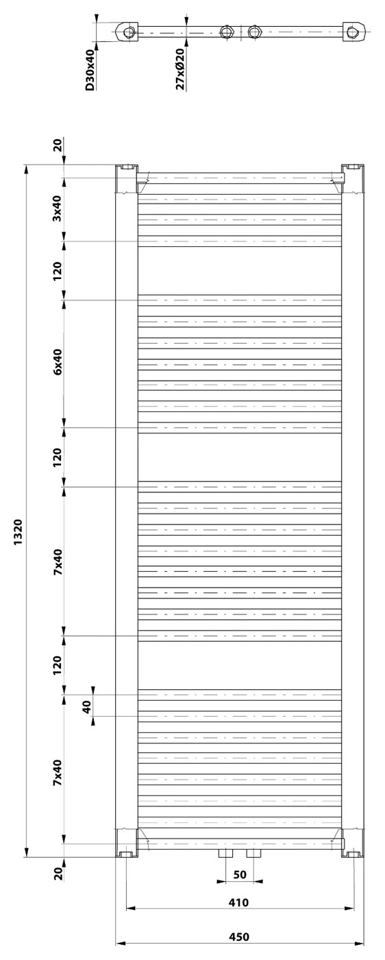 Aqualine DIRECT fürdőszobai radiátor, középső bekötéssel, 450x1320 mm, 594 W, fehér (ELM34T) – műszaki rajz