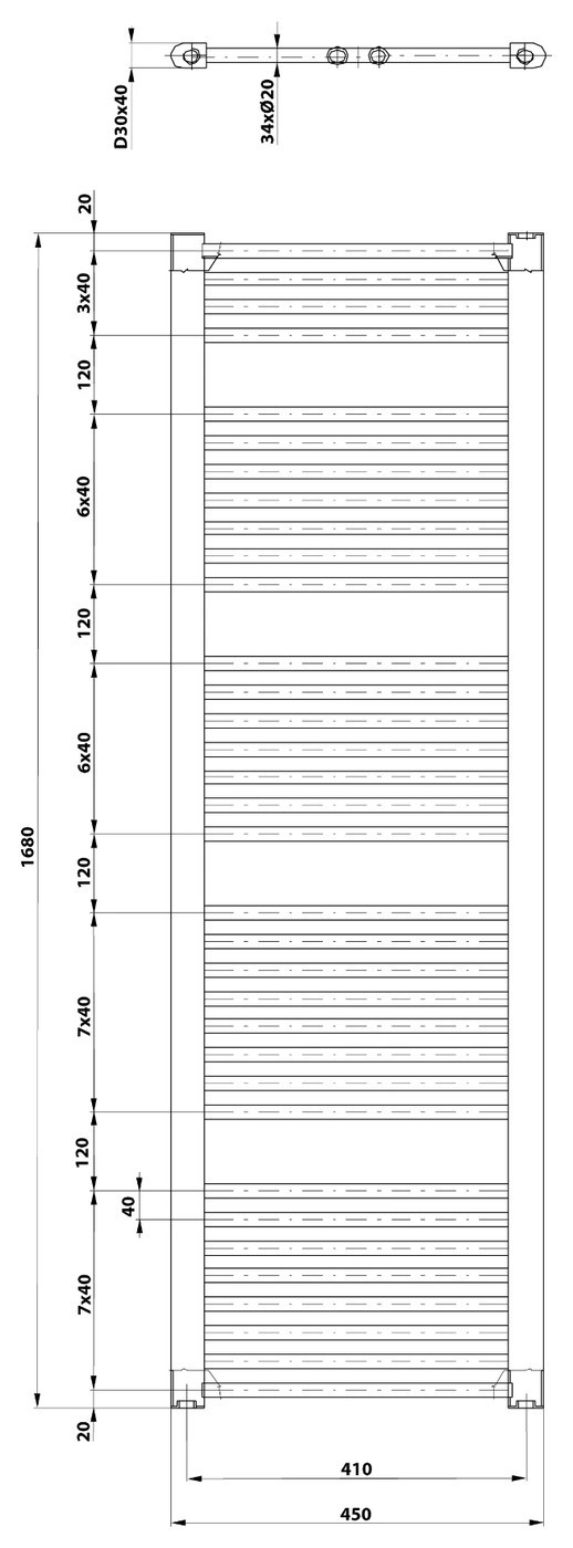 Aqualine DIRECT fürdőszobai radiátor, egyenes, 450x1680 mm, 757 W, matt fekete (ILR64B) – műszaki rajz