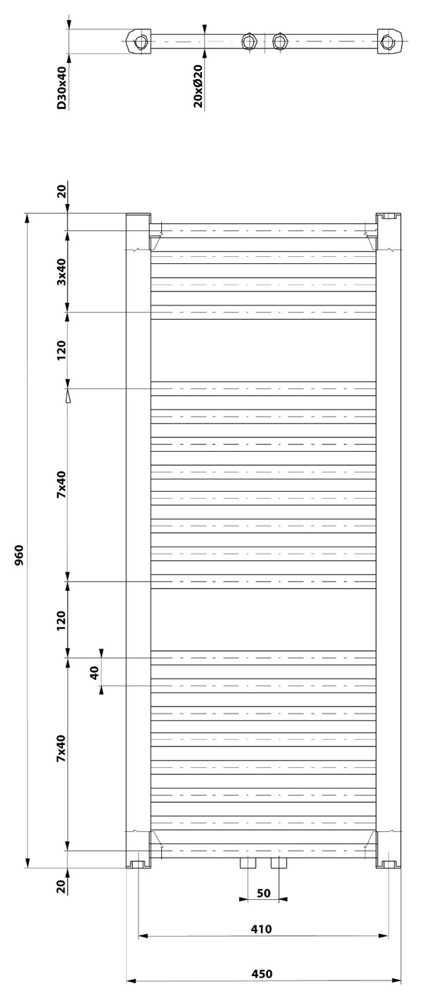 Aqualine DIRECT fürdőszobai radiátor, középső bekötéssel, 450x960 mm, 447 W, fehér (ELM94T) – műszaki rajz
