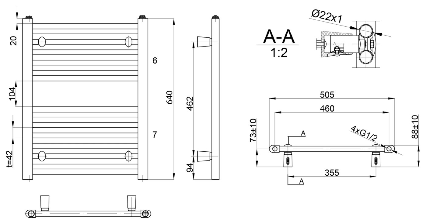 Aqualine DIRECT fürdőszobai radiátor, egyenes, 500x640 mm, 360 W, fehér (ILR65T) – műszaki rajz