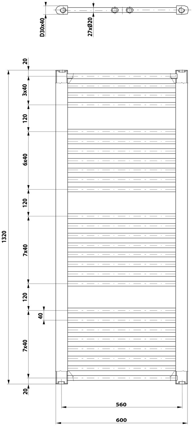 Aqualine DIRECT fürdőszobai radiátor, egyenes, 600x1320 mm, 795 W, fehér – műszaki rajz