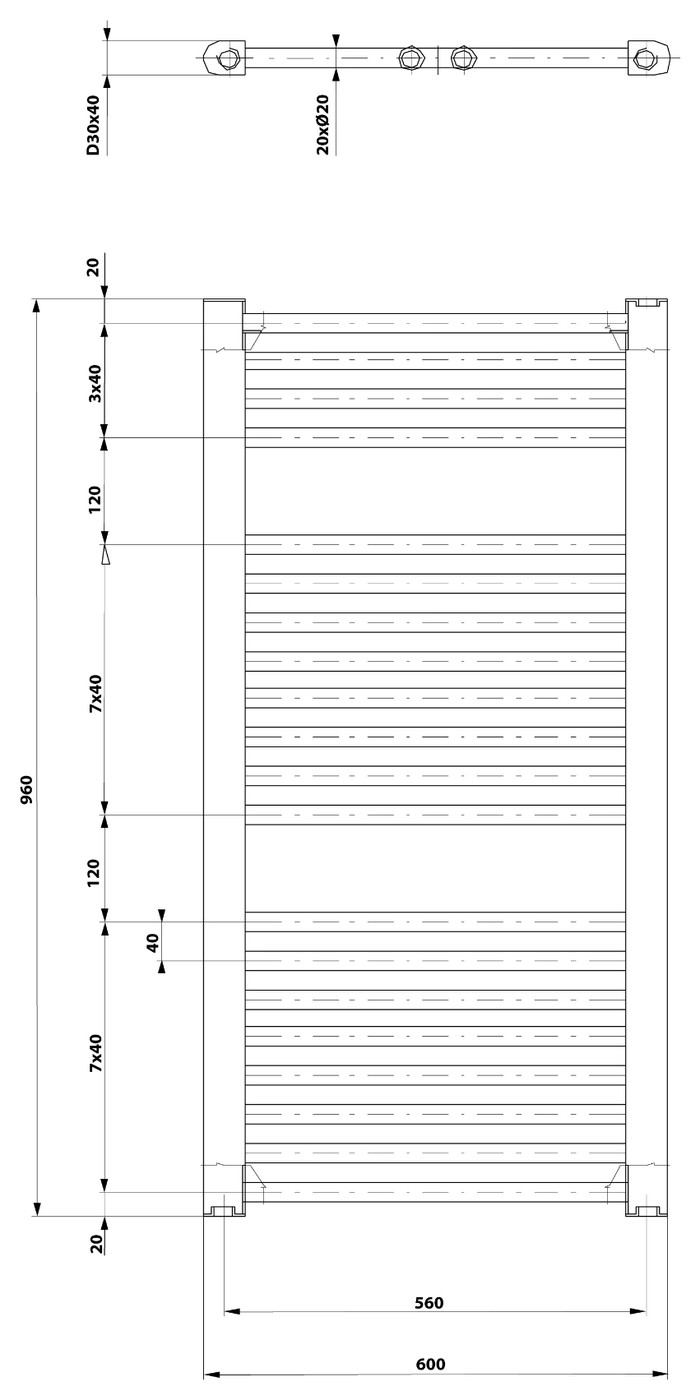 Aqualine DIRECT fürdőszobai radiátor, egyenes, 600x960 mm, 597 W, matt fekete (ILR96B) – műszaki rajz
