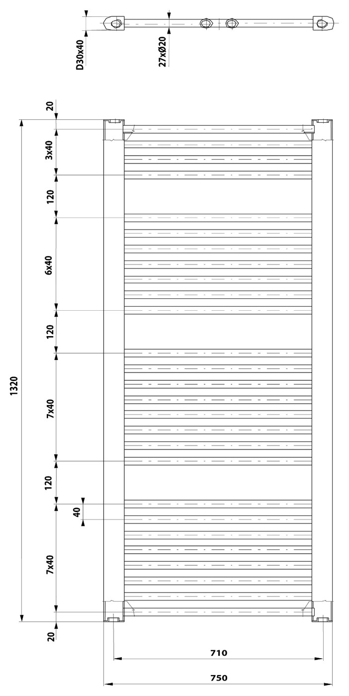 Aqualine DIRECT fürdőszobai radiátor, egyenes, 750x1320 mm, 996 W, fehér (ILR37T) – műszaki rajz