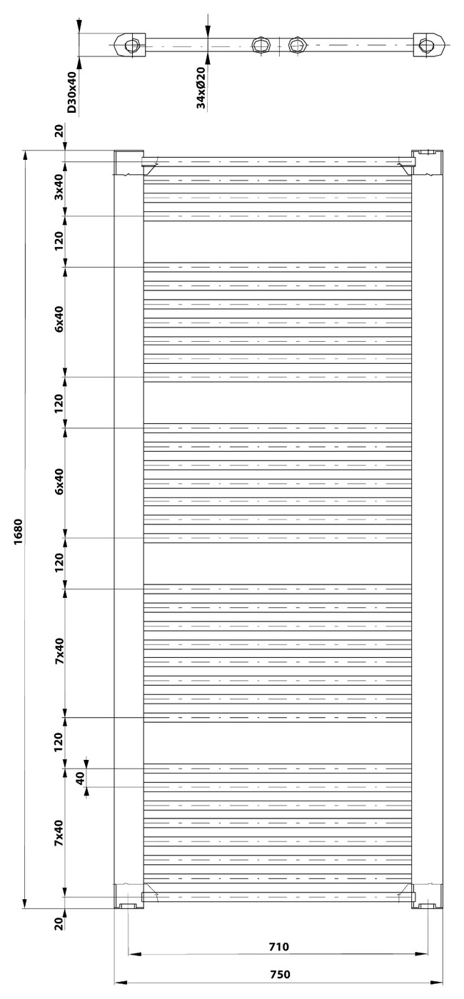 Aqualine DIRECT fürdőszobai radiátor, egyenes, 750x1680 mm, 1269 W, fehér (ILR67T) – műszaki rajz