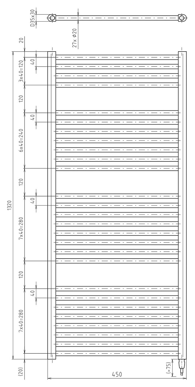 Aqualine DIRECT-E elektromos fürdőszobai radiátor fűtőpatronnal, egyenes, 450x1320 mm, 400 W, fehér (ILE34T) – műszaki rajz