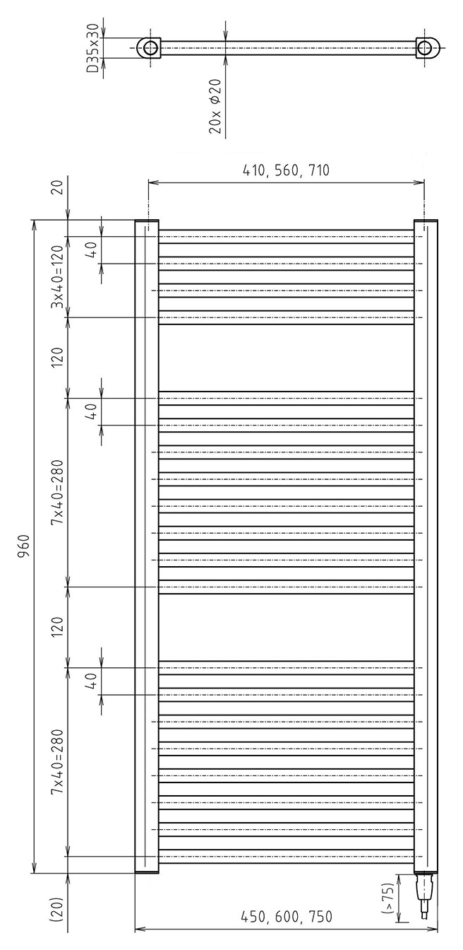 Aqualine DIRECT-E elektromos fürdőszobai radiátor fűtőpatronnal, egyenes, 450x960 mm, 300 W, fekete – műszaki rajz