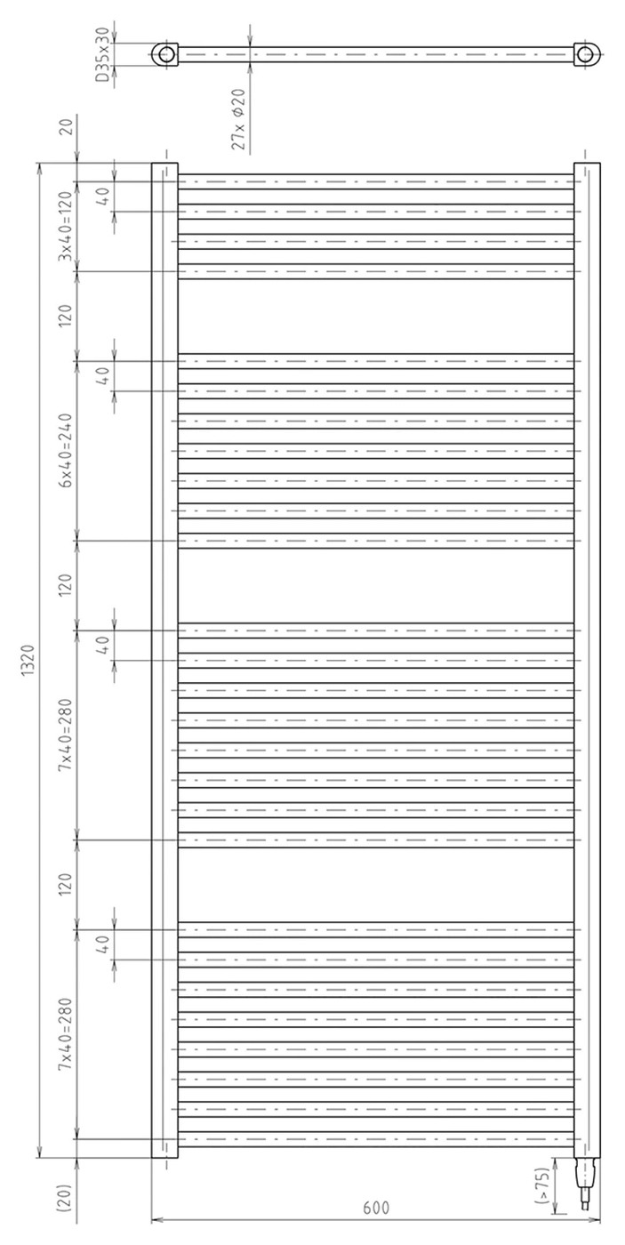 Aqualine DIRECT-E elektromos fürdőszobai radiátor fűtőpatronnal, egyenes, 600x1320 mm, 600 W, fehér (ILE36T) – műszaki rajz