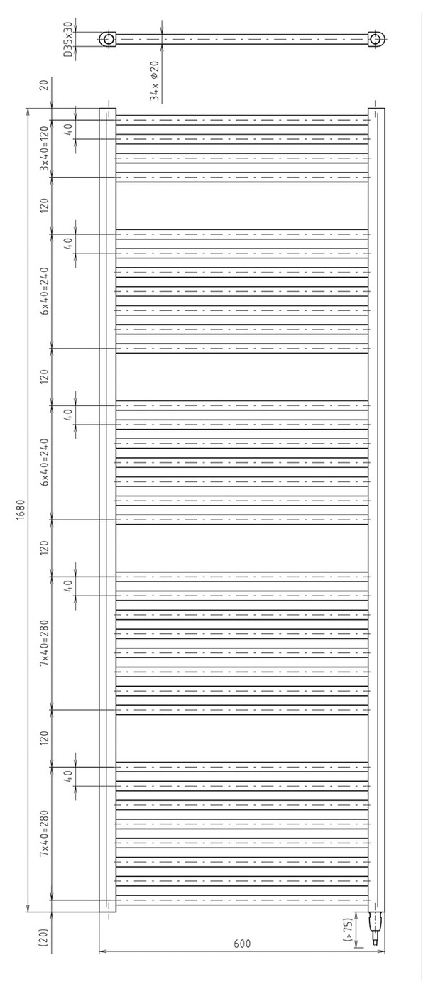 Aqualine DIRECT-E elektromos fürdőszobai radiátor fűtőpatronnal, egyenes, 600x1680 mm, 800 W, fehér – műszaki rajz