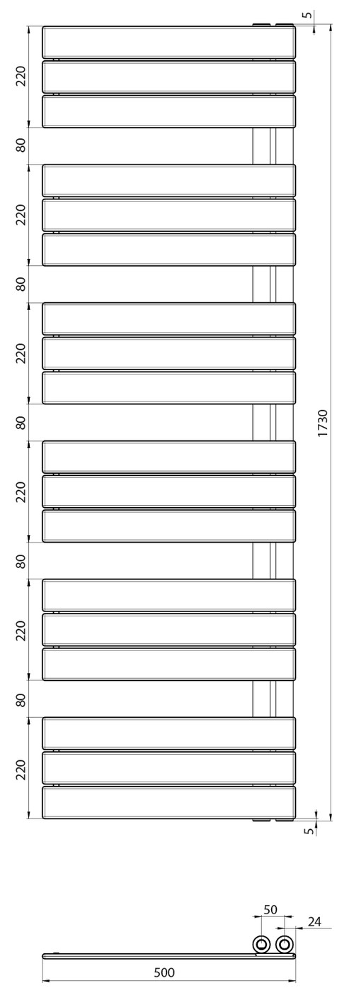 Aqualine MYTHOS fürdőszobai radiátor, 500x1730 mm, 448 W, króm – műszaki rajz