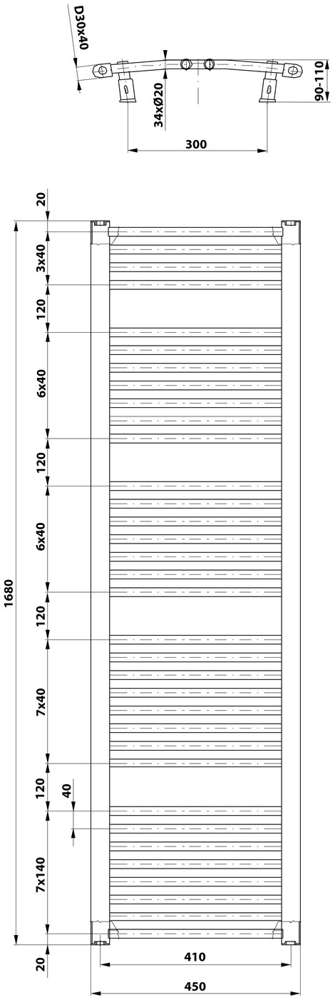 Aqualine ORBIT fürdőszobai radiátor, íves, 450x1680 mm, 757 W, fehér – műszaki rajz