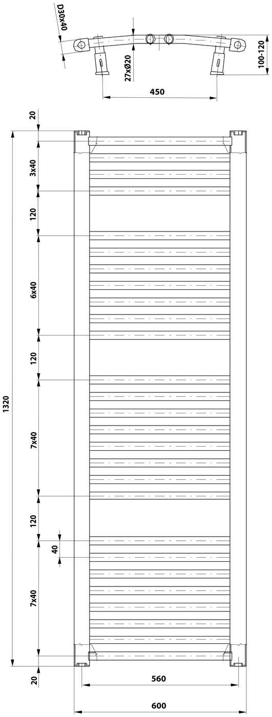 Aqualine ORBIT fürdőszobai radiátor, íves, 600x1320 mm, 795 W, fehér – műszaki rajz