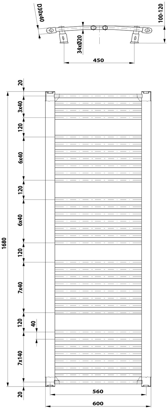 Aqualine ORBIT fürdőszobai radiátor, íves, 600x1680 mm, 1013 W, fehér – műszaki rajz