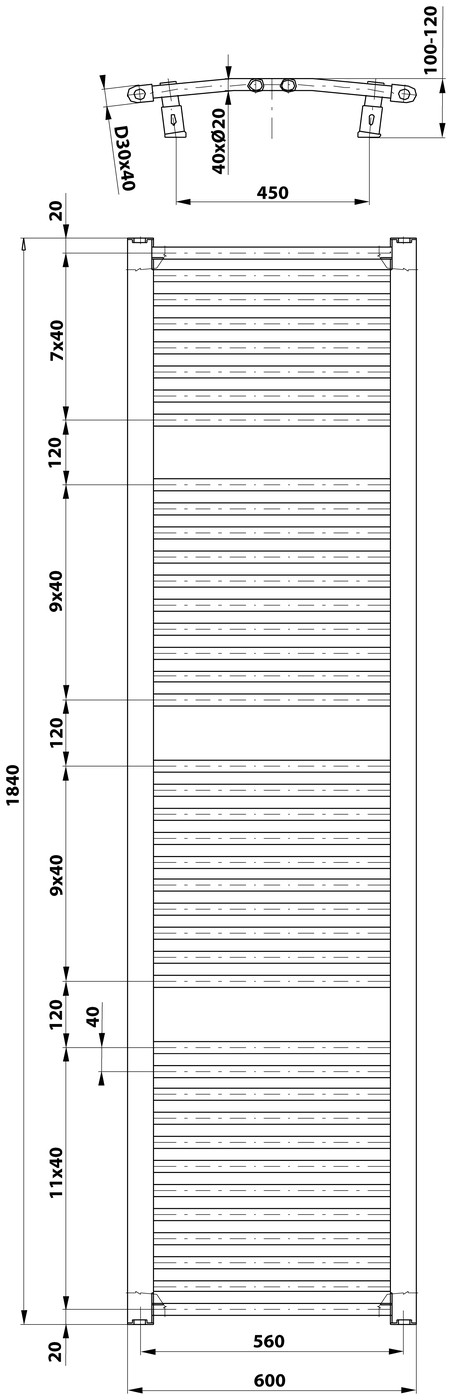 Aqualine ORBIT fürdőszobai radiátor, íves, 600x1850 mm, 1148 W, fehér – műszaki rajz