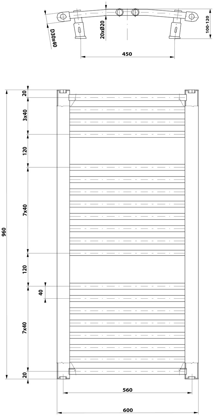 Aqualine ORBIT fürdőszobai radiátor, íves, 600x960 mm, 597 W, fehér – műszaki rajz