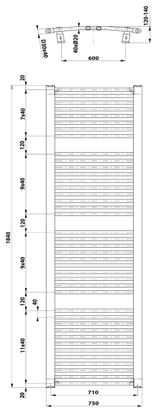 Aqualine ORBIT fürdőszobai radiátor, íves, 750x1850 mm, 1439 W, fehér (ILO87T) – műszaki rajz