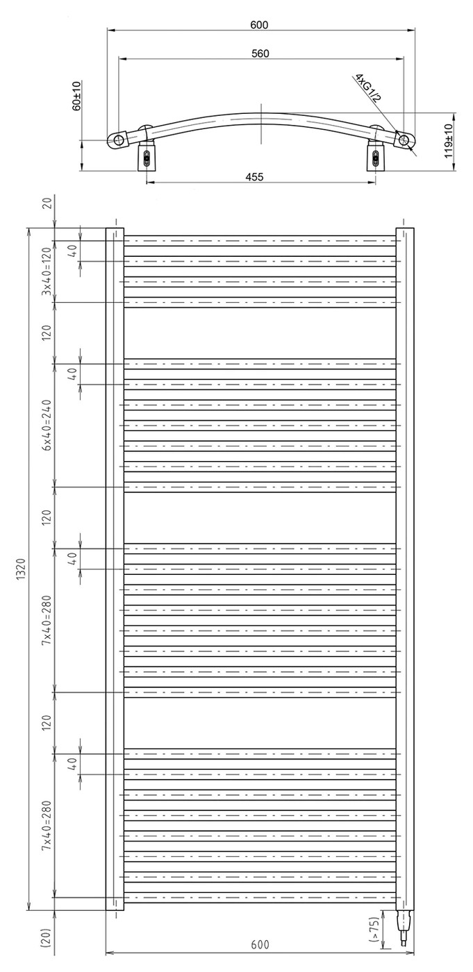Aqualine ORBIT-E elektromos fürdőszobai radiátor fűtőpatronnal, íves, 600x1320 mm, 600 W, fehér (ILEO36T) – műszaki rajz