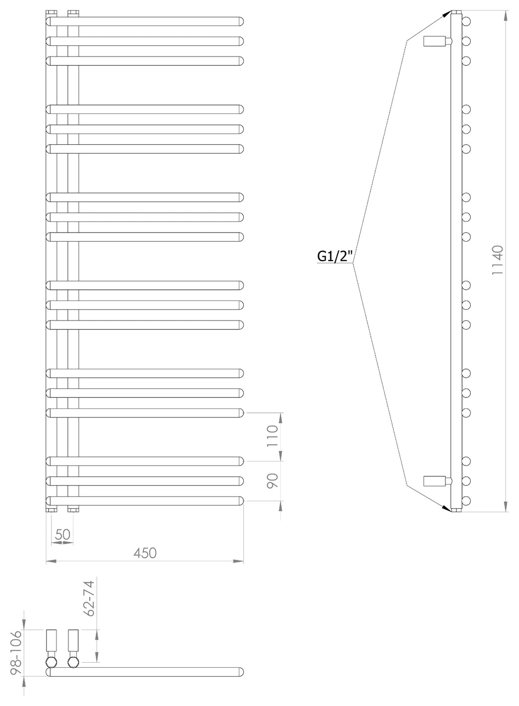 Aqualine POSEIDON fürdőszobai radiátor, 450x1140 mm, 379 W, matt fekete (PS411B) – műszaki rajz