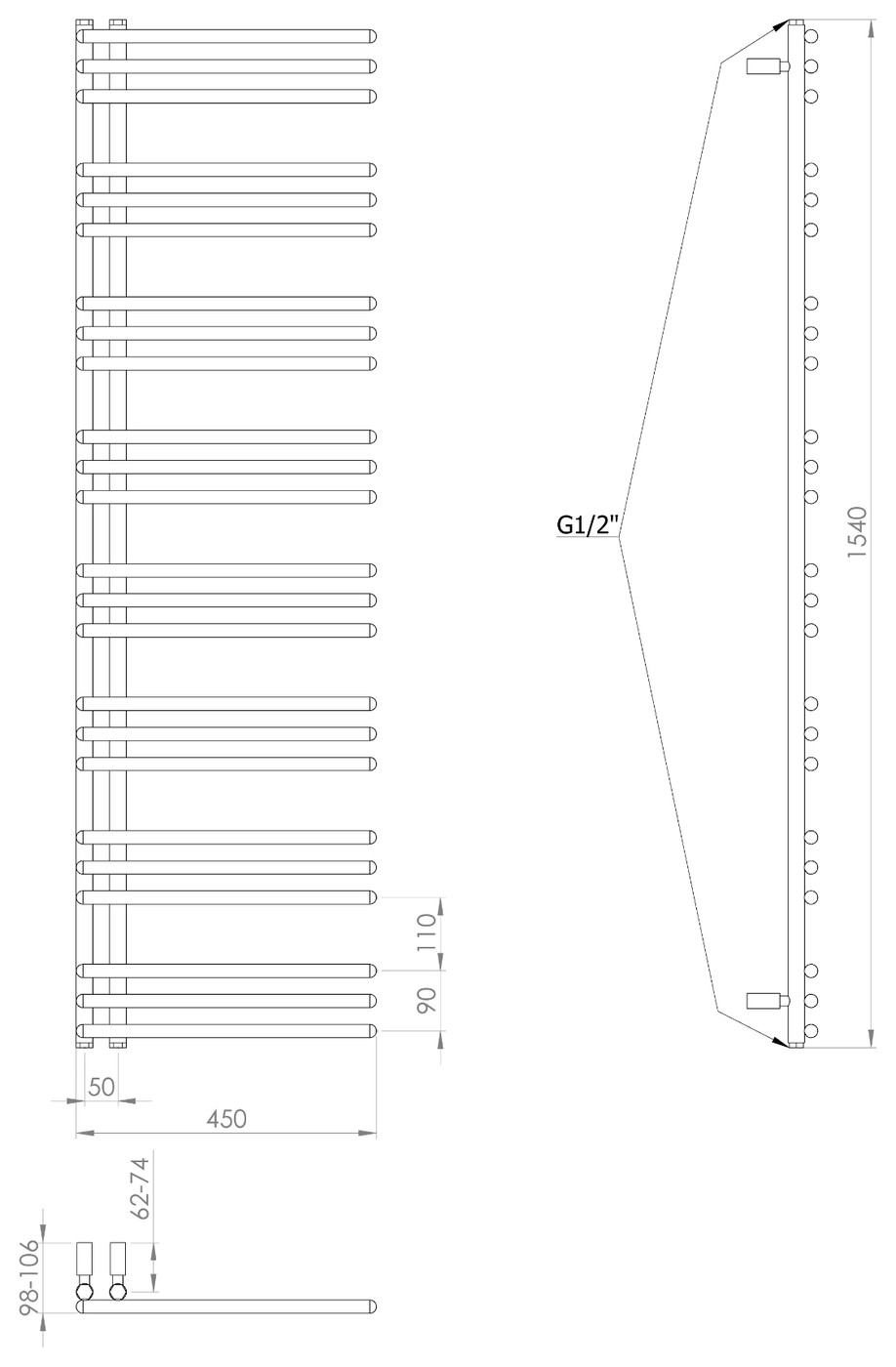 Aqualine POSEIDON fürdőszobai radiátor, 450x1540 mm, 513 W, matt fekete (PS415B) – műszaki rajz