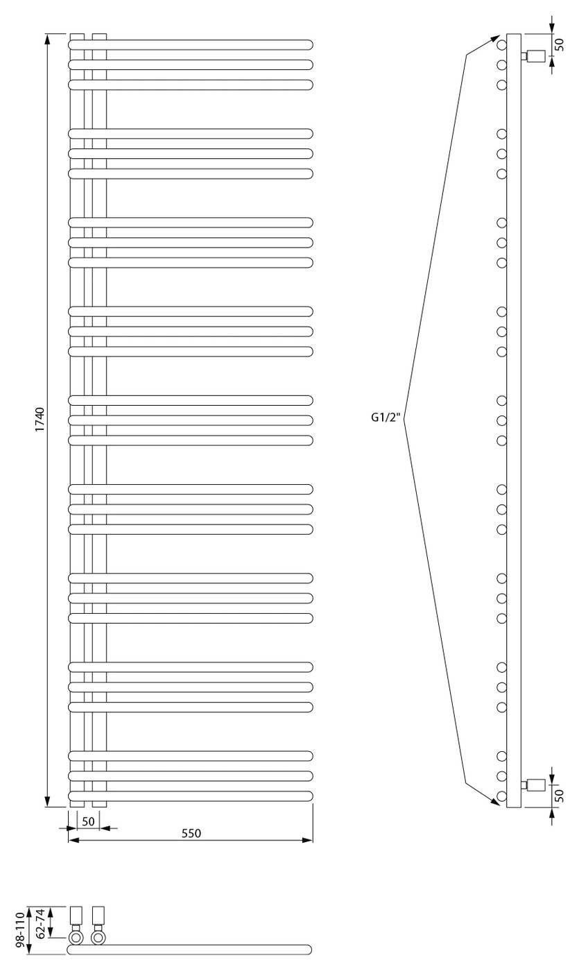 Aqualine POSEIDON fürdőszobai radiátor, 550x1740 mm, 655 W, fehér (PS517) – műszaki rajz