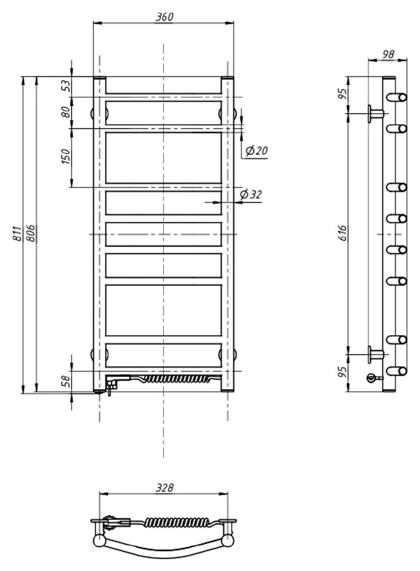 Aqualine SUPE elektromos törölközőszárító radiátor, 360x810 mm, 107 W, fehér (SU140) – műszaki rajz