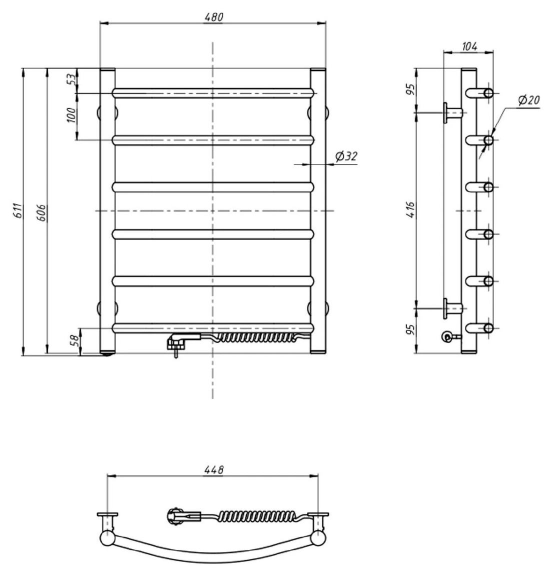 Aqualine SUPE elektromos törölközőszárító radiátor, 480x610 mm, 148 W, fehér (SU148) – műszaki rajz