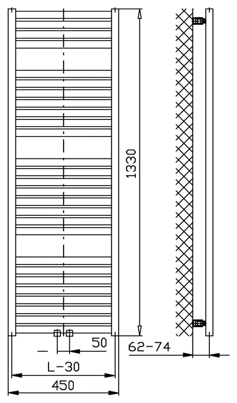 Aqualine TONDI fürdőszobai radiátor, középső bekötéssel, 450x1330 mm, 561 W, fehér (DT470T) – műszaki rajz