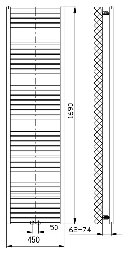 Aqualine TONDI fürdőszobai radiátor, középső bekötéssel, 450x1690 mm, 716 W, matt fekete (DT446T) – műszaki rajz