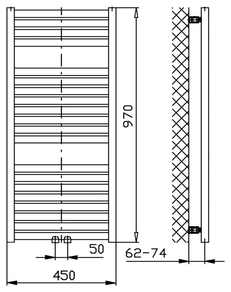 Aqualine TONDI fürdőszobai radiátor, középső bekötéssel, 450x970 mm, 415 W, matt fekete (DT456T) – műszaki rajz