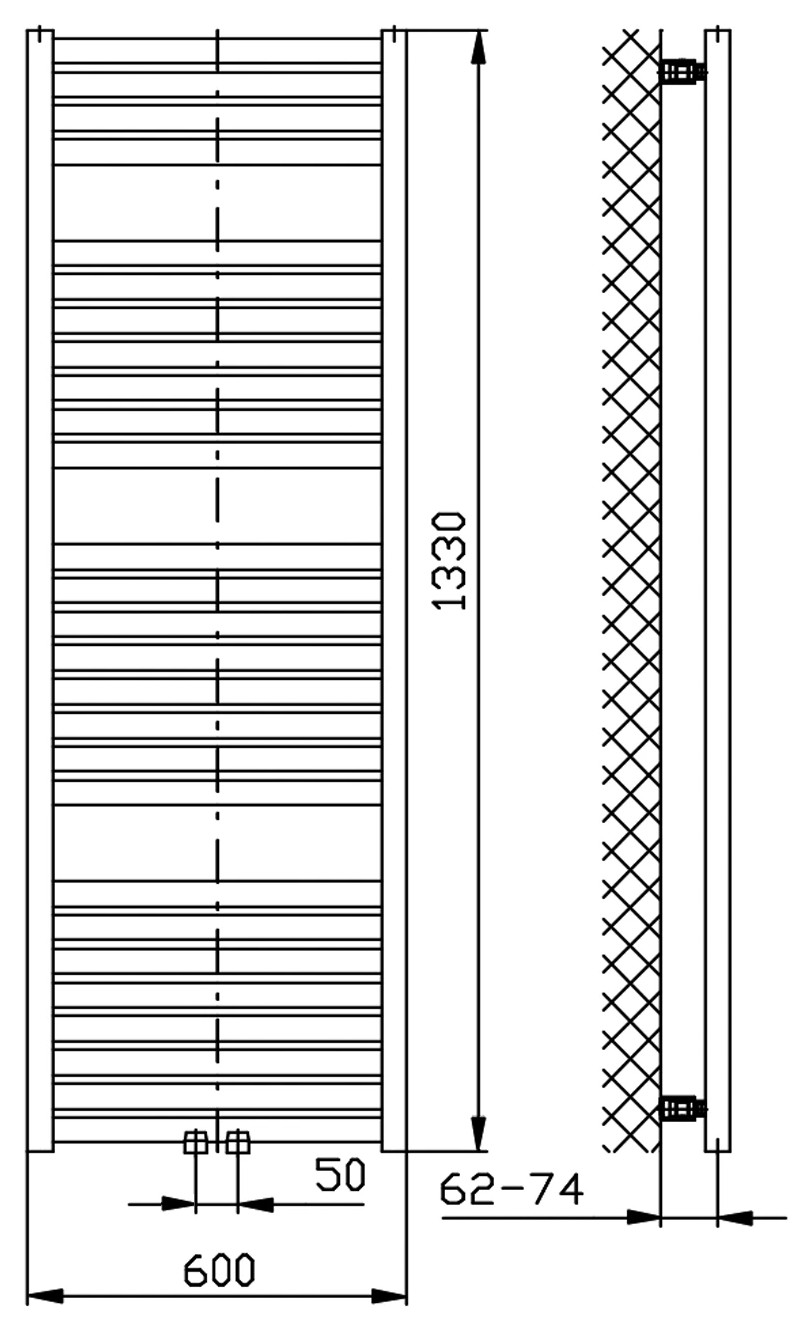 Aqualine TONDI fürdőszobai radiátor, középső bekötéssel, 600x1330 mm, 730 W, matt fekete (DT486T) – műszaki rajz