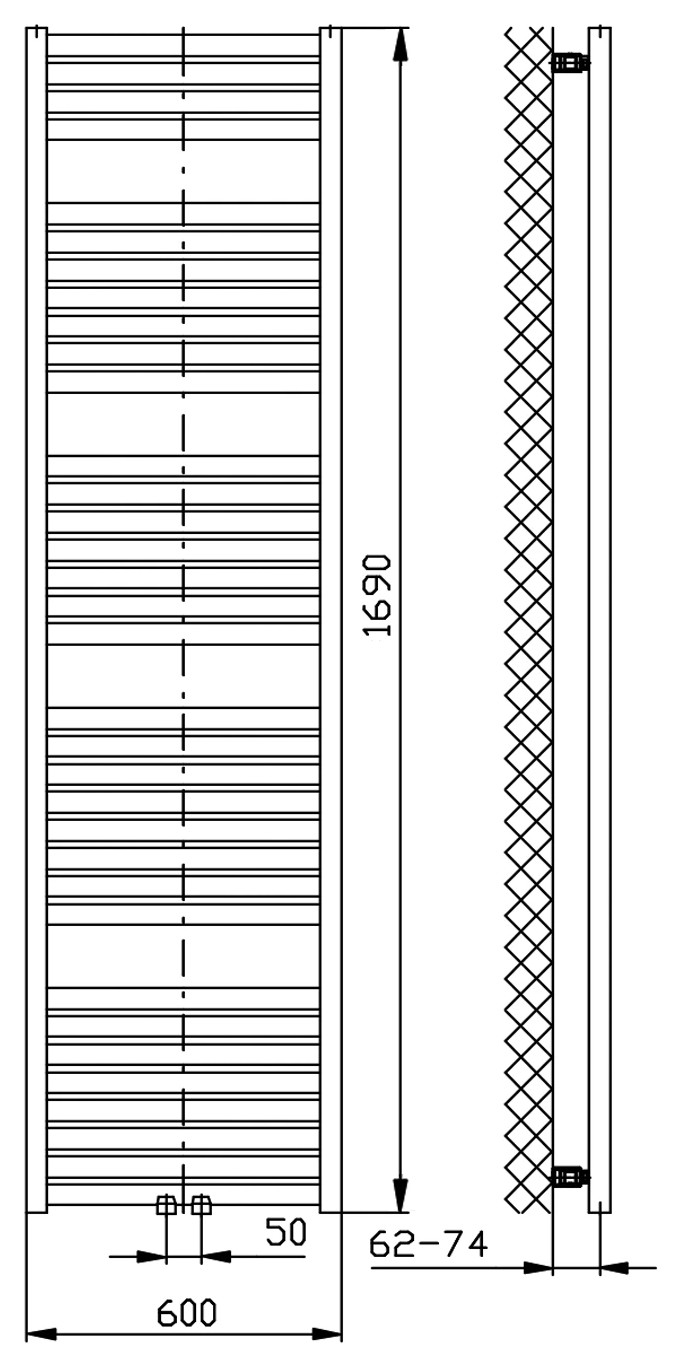 Aqualine TONDI fürdőszobai radiátor, középső bekötéssel, 600x1690 mm, 930 W, fehér (DT490T) – műszaki rajz