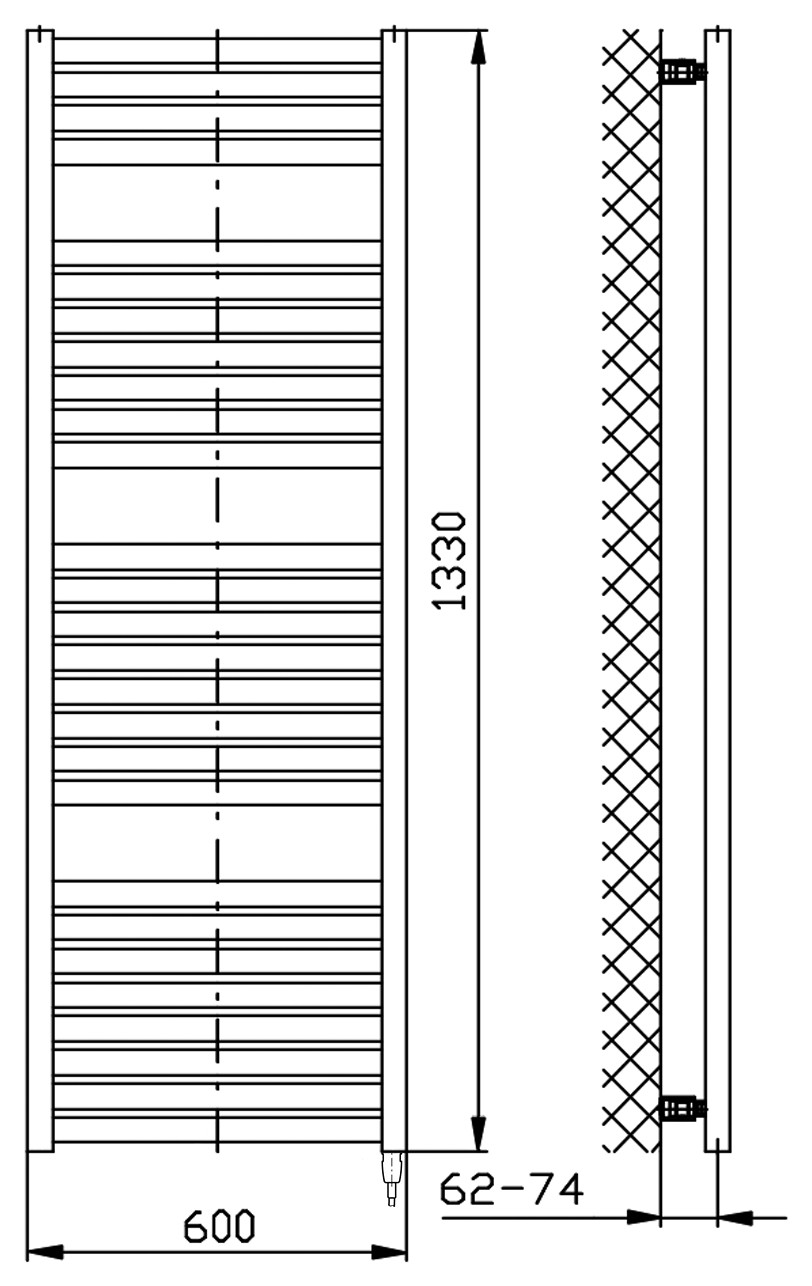 Aqualine TONDI-E elektromos fürdőszobai radiátor, 600x1330 mm, 600 W, fehér – műszaki rajz
