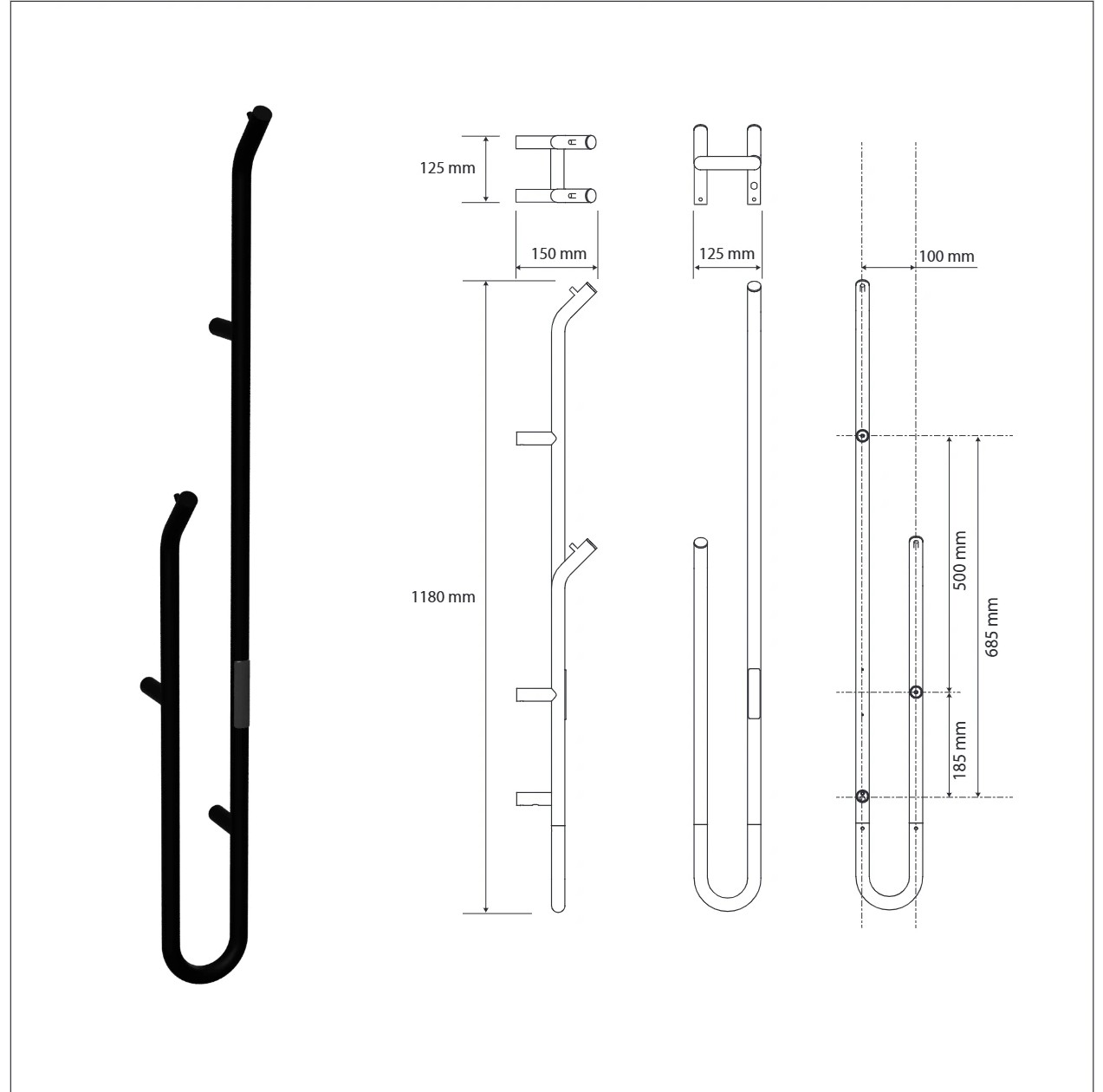 Bemeta AXIS elektromos törölközőszárító radiátor, 130x1180x155 mm, 47 W, fekete (704153130) – műszaki rajz