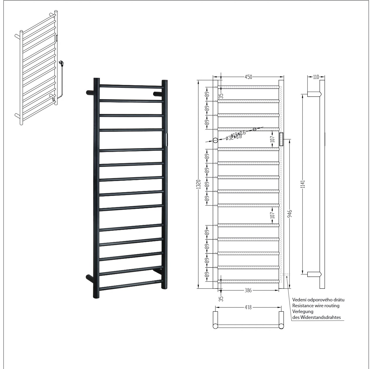Bemeta LADERRA elektromos törölközőszárító radiátor, 450x1320x110 mm, 180 W, fehér (704151054) – műszaki rajz