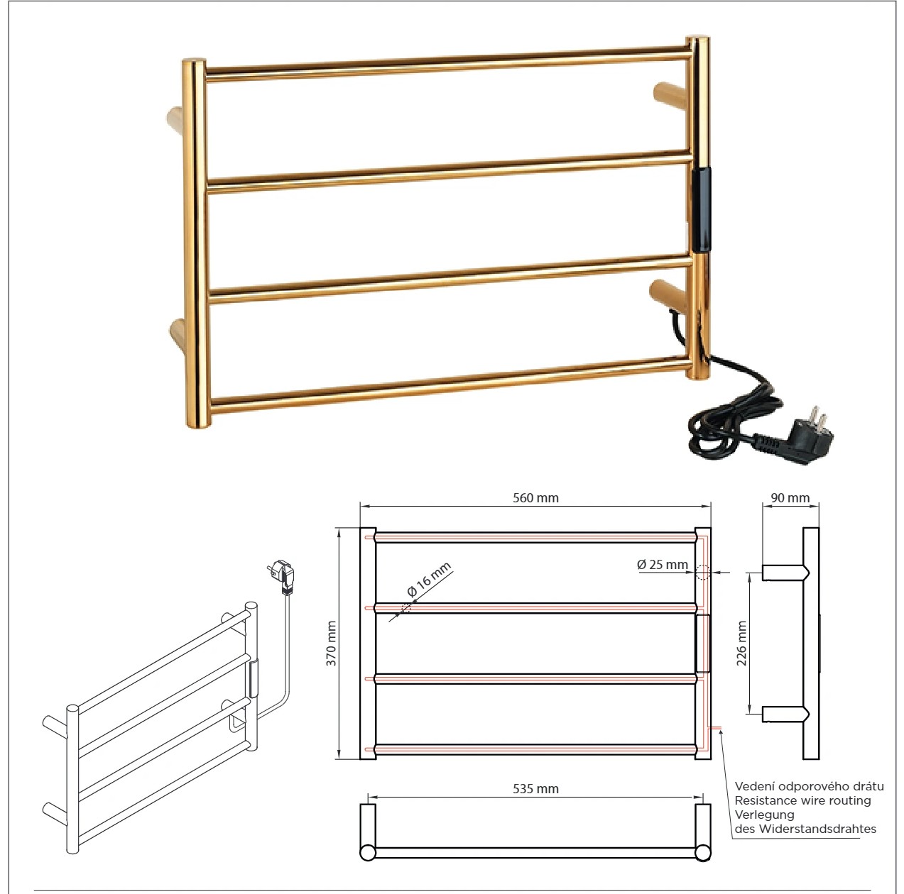 Bemeta LADERRA MINI elektromos törölközőszárító radiátor, 560x370x90 mm, 63 W, matt arany (704153085) – műszaki rajz
