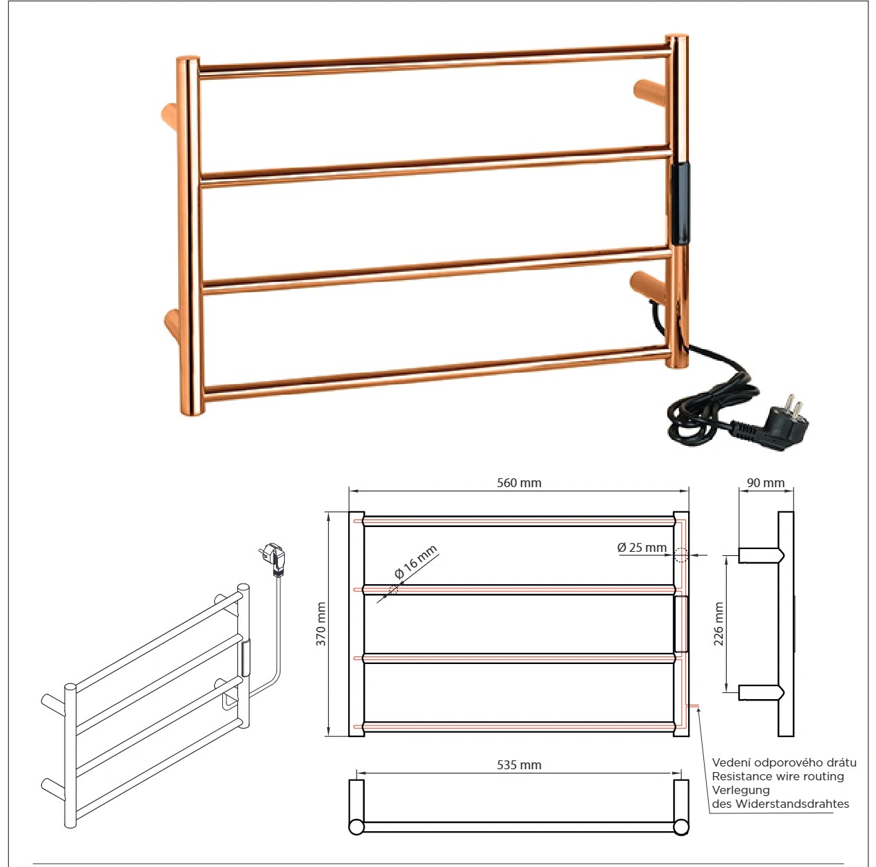 Bemeta LADERRA MINI elektromos törölközőszárító radiátor, 560x370x90 mm, 63 W, matt rézarany (704154085) – műszaki rajz