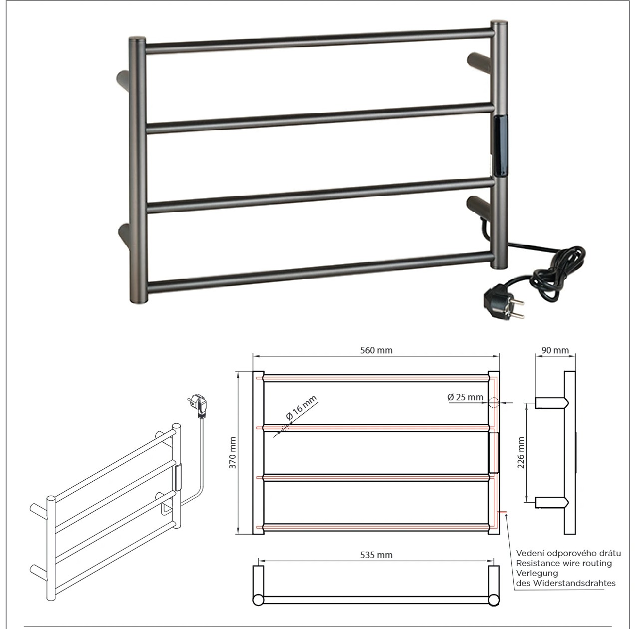Bemeta LADERRA MINI elektromos törölközőszárító radiátor, 560x370x90 mm, 63 W, matt grafit (704155085) – műszaki rajz