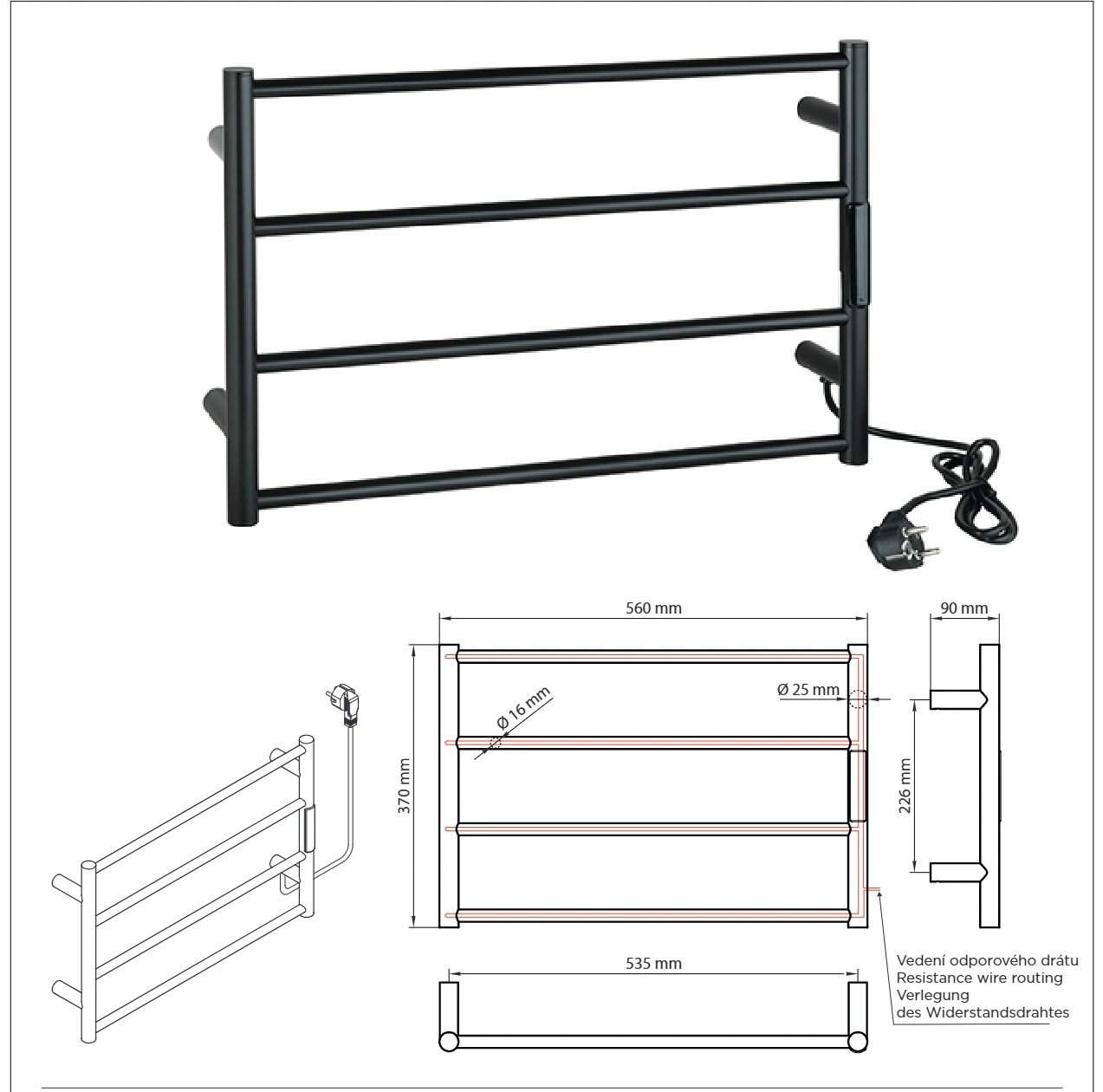 Bemeta LADERRA MINI elektromos törölközőszárító radiátor, 560x370x90 mm, 63 W, matt fehér (704151084) – műszaki rajz
