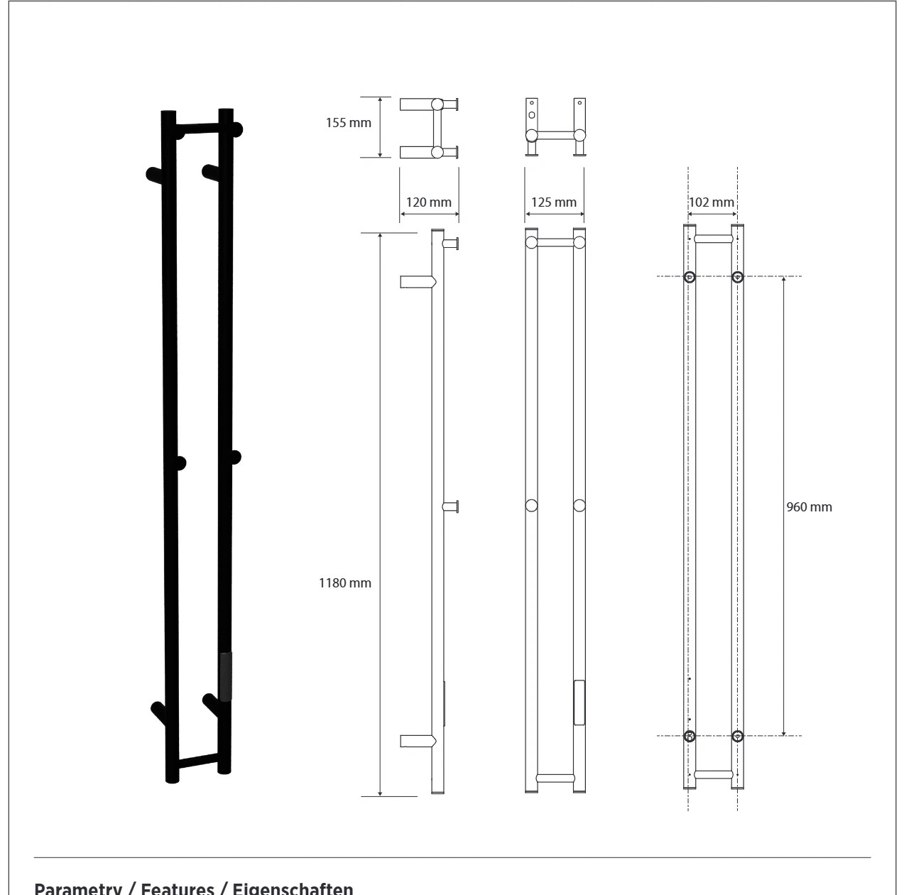 Bemeta PILLAR 2 elektromos törölközőszárító radiátor, 130x1180x120 mm, 61 W, polírozott inox (704153121) – műszaki rajz