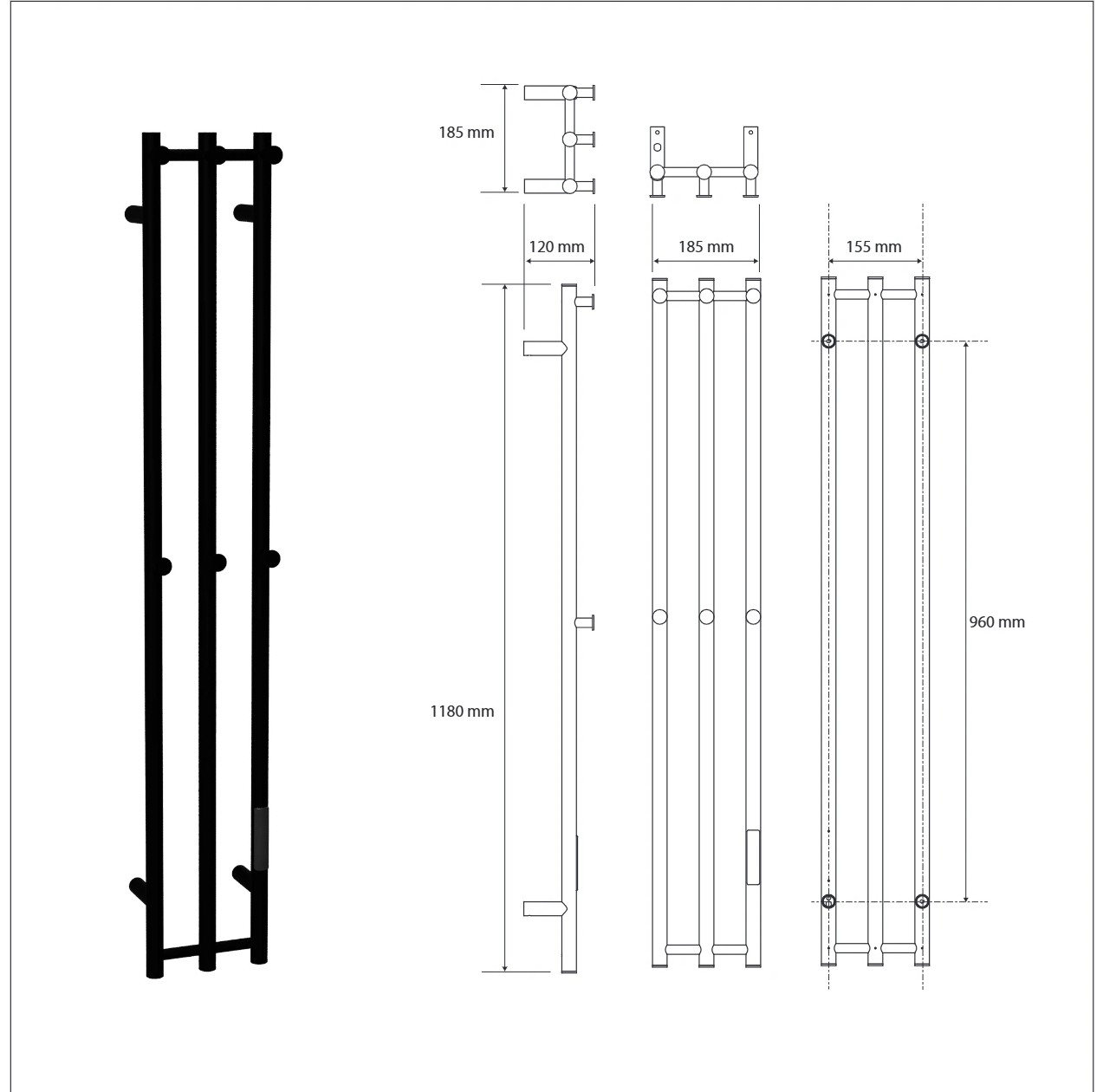 Bemeta PILLAR 3 elektromos törölközőszárító radiátor, 190x1180x120 mm, 91 W, fekete (704153110) – műszaki rajz