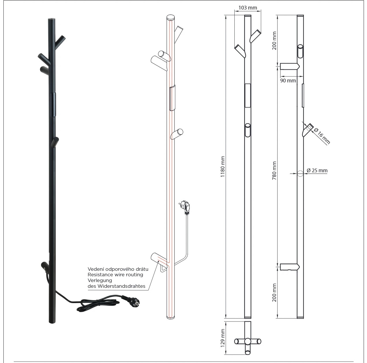 Bemeta VERTEX COMBI elektromos törölközőszárító radiátor, 1180 mm, 30 W, polírozott (704151011) – műszaki rajz