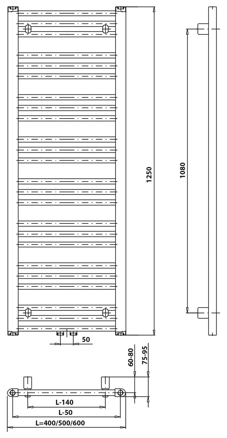 Bruckner ALBRECHT radiátor, középső bekötéssel, 400x1250 mm, 307 W, króm (600.112.1) – műszaki rajz