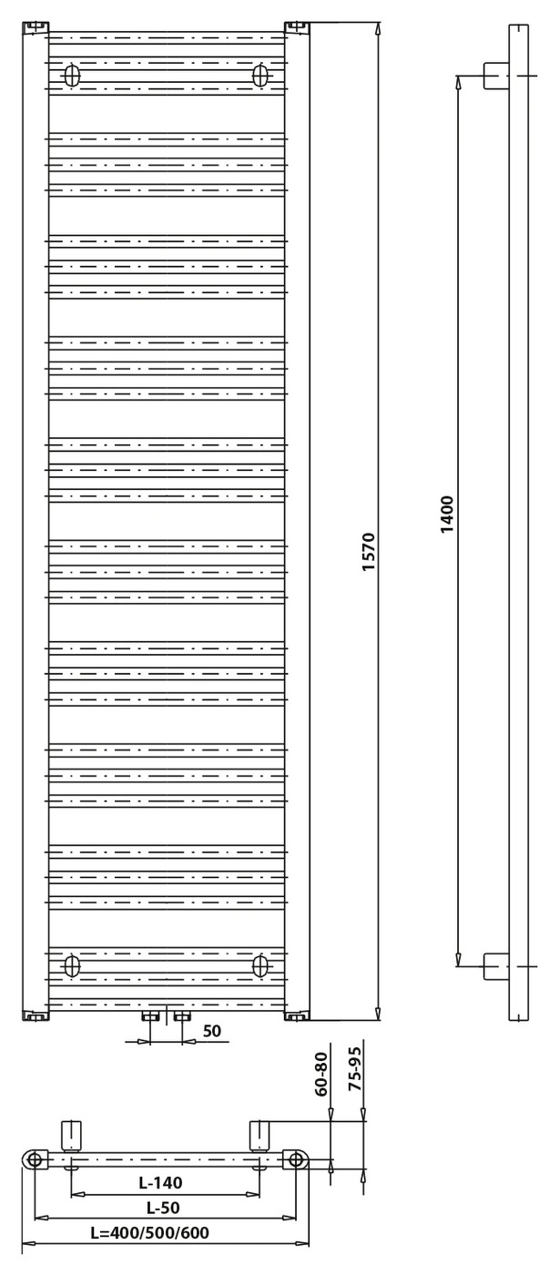 Bruckner ALBRECHT radiátor, középső bekötéssel, 400x1570 mm, 385 W, króm (600.113.1) – műszaki rajz