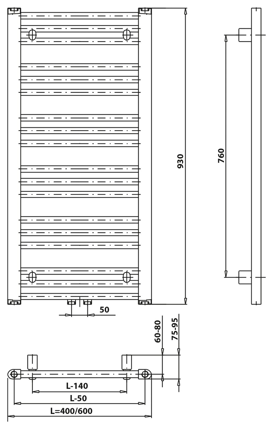 Bruckner ALBRECHT radiátor, középső bekötéssel, 400x930 mm, 234 W, króm (600.111.1) – műszaki rajz