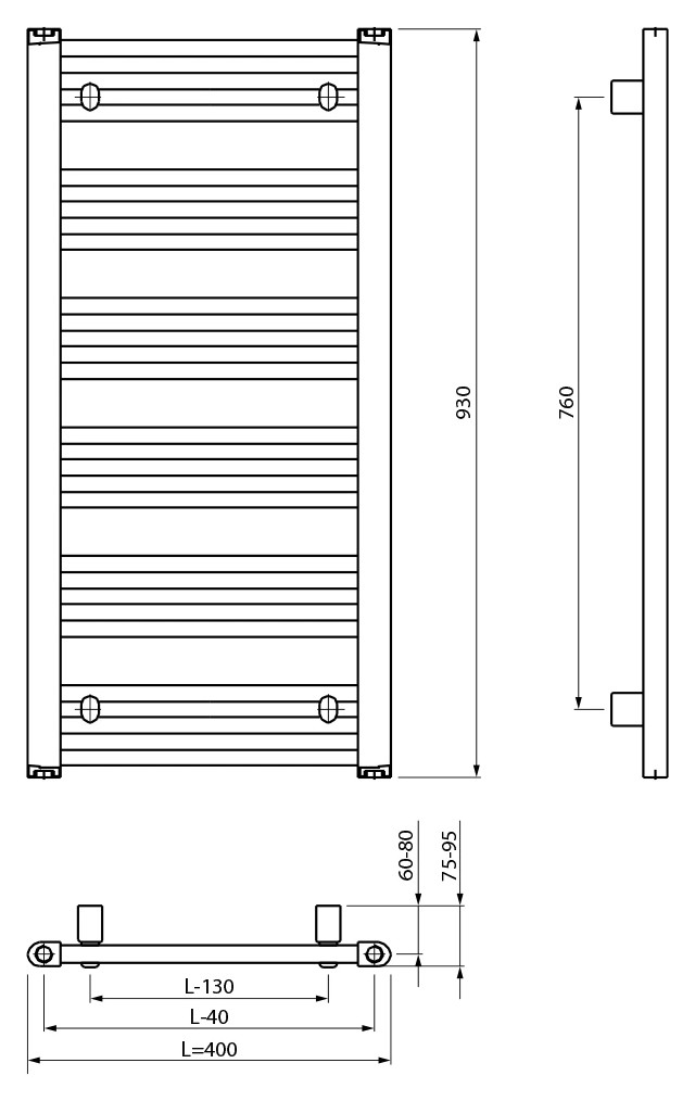 Bruckner ALBRECHT fürdőszobai radiátor, szélső bekötéssel, 400x930 mm, 327 W, fehér (600.211.4) – műszaki rajz